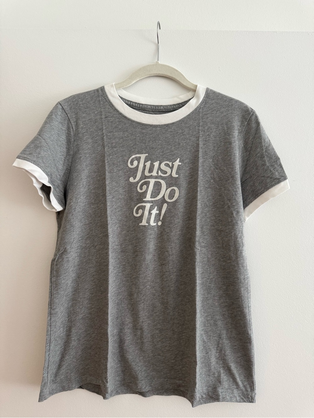 Nike Gray T-Shirt with White Trim and velvet “just do it logo”